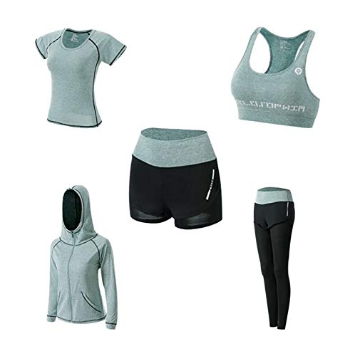 Conjunto de ropa deportiva para mujer, conjunto de jogging, gimnasio, chándal de 5 piezas, conjunto de fitness, yoga, pilates, tenis, ropa deportiva, verde, S