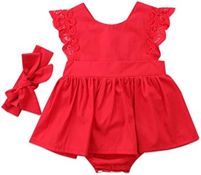 Baby Girls Tutu Romper Dress Red Lace Bodysuits Princess Party Floral Skirt with Headband One Piece Outfits