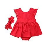 Baby Girls Tutu Romper Dress Red Lace Bodysuits Princess Party Floral Skirt with Headband One Piece...
