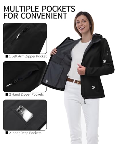 Outdoor Ventures Damen Softshelljacke Wasserdichte Fleece Gefütterte Winterjacke Atmungsaktive Übergangsjacke Winddichte Funktionsjacke mit Kapuze Schwarz 3XL