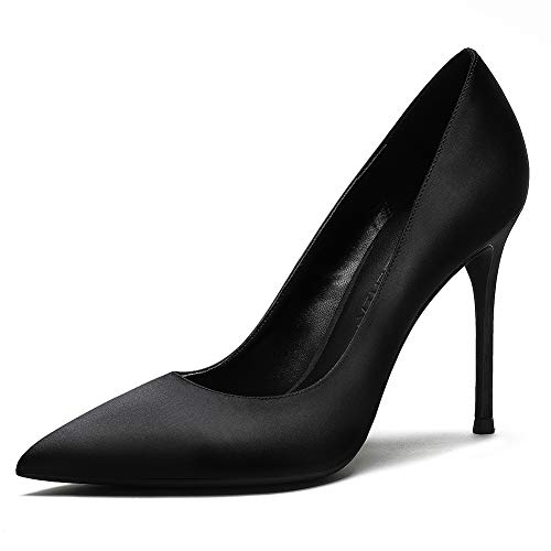 Roimaash 10CM Heel élégant Femmes Pumps Stiletto a Enfiler Business Chaussures Basic Bout Pointu Mariage Dress Chaussures Fête Heels Satin Black Size 41 Cover