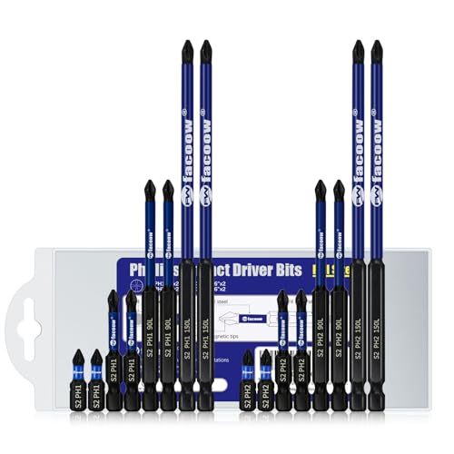 Facoow 16PCS #1/#2 Phillips Bits, Ph2 Magnetic Impact Driver Bits