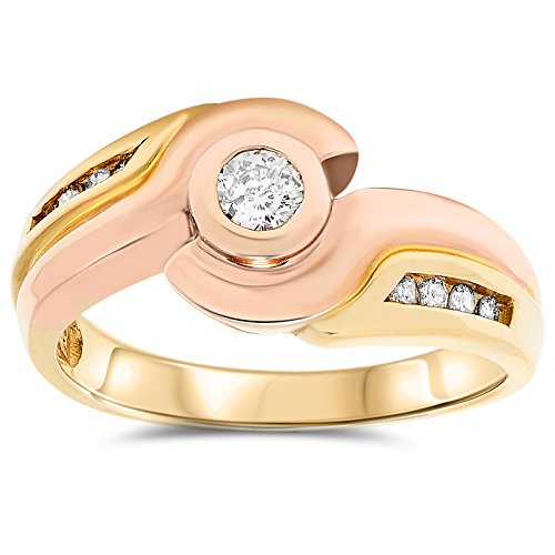 14K Rose And Yellow Gold Diamond Ring, Bypass Diamond Bezel Ring For Women, April Birthstone Jewelry, Engagement, Promise Or For Fun Ring (Dia 1/4 Carat) Size 7 #TOP26