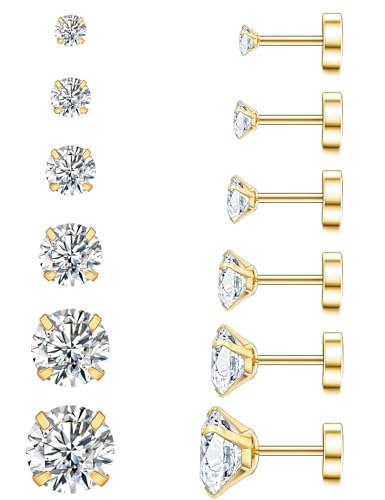 WSSXC 20G Hypoallergenic Flat Back Earrings for Women Men Silver 14K Gold Stainless Steel Stud Earrings Brithstone Cubic Zirconia Studs Surgical Steel Cartilage Earrings for Sensitive Ears