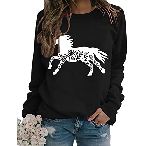 Sxkayxr Sudadera floral de caballo para mujer, camisa casual con gráfico vintage de manga larga, Negro, XXL Cover