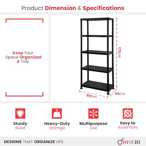 DIVCHI 5 Tier Plastic Storage Shelving Unit | Heavy Duty Shelf Rack for Home, Garage, Office & Utility Room | Shelf Rack (Black) - Image 3