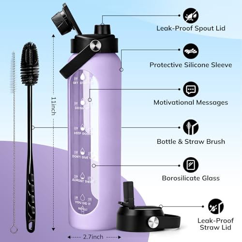 Image of Aqulea 32 oz Glass Water Bottle with 2 Lids - Spout & Straw Lids, 1L Motivational Borosilicate Glass Water Bottle with Time Marker & Silicone Sleeve, Leakproof (Purple)