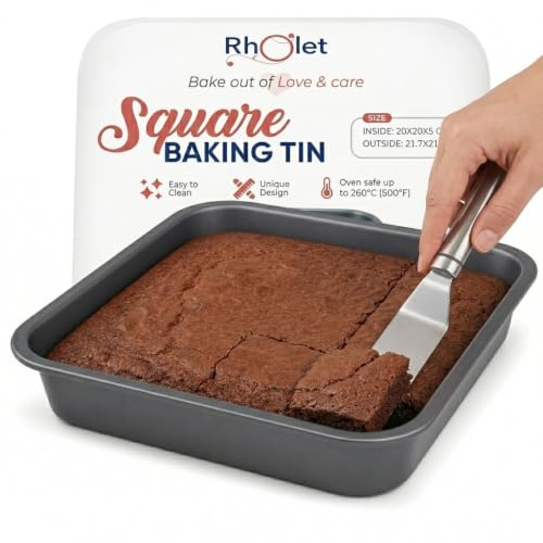 Rholet Square Cake Tin 20cm - 8x8 Baking Tin Non-Stick 2 Inch Deep Cake Pan Carbon Steel with 0.5 mm Thickness for Brownies Cupcakes Christmas Mac n Cheese