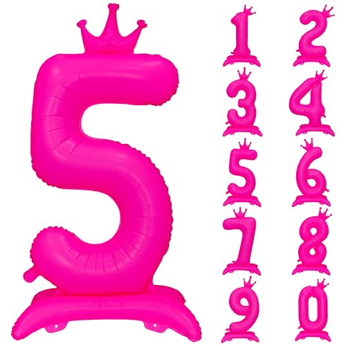 Fluorescent Pink Crown Number 5 Foil Balloon Neon Glow In The Dark Balloon