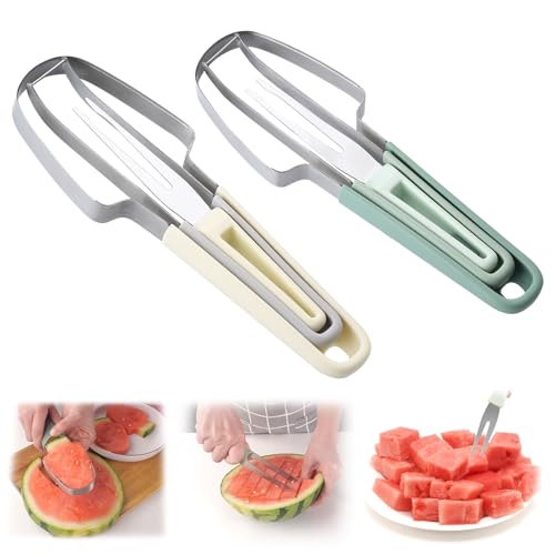 SANLIUSANJIU 2 Pcs Coupe-Pastèque 3 en 1, Fourchette Couper Les Fruits PastèQue, Trancheuse Fruits 3 En 1 En Acier Inoxydable, Outil Coupe PastèQue D'éTé,...