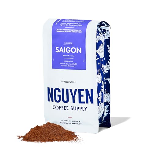 Nguyen Coffee Supply - Saigon Robusta & Arabica Blend: Dark Roast Premium Ground Coffee Beans, Vietnamese Single Origin, Direct Trade, Low Acid, High Caffeine, Roasted in Brooklyn [12 oz Bag]
