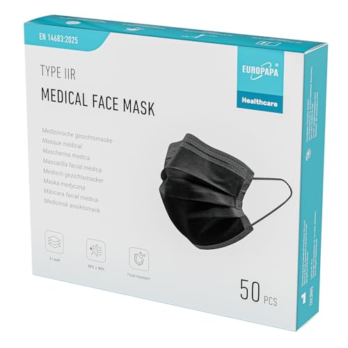 EUROPAPA Schwarz Medizinisch Type IIR Norm EN14683 TÜV CE zertifizierte Mundschutzmasken OP Masken 3-lagig Mundschutz Gesichtsmaske Einwegmaske BFE 98% 1 Box (50 Stück)