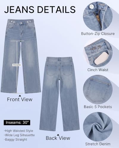 GRAPENT Jeans for Women Wide Leg High Rise Cinch-Waist Stretchy Denim Pants | High Waisted, Adjustable Waist, Full Length, 30'' Inseam, 90s Baggy Straight, Great for Everyday Wear, Dressy Casual Outifts — view 4