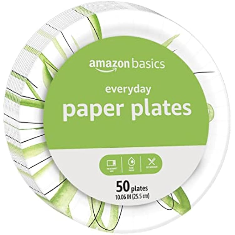 Amazon Basics Everyday Disposable Paper Plates, 10 Inch, Microwave-Safe, Cut Resistant, Soak-Proof, 50 Count