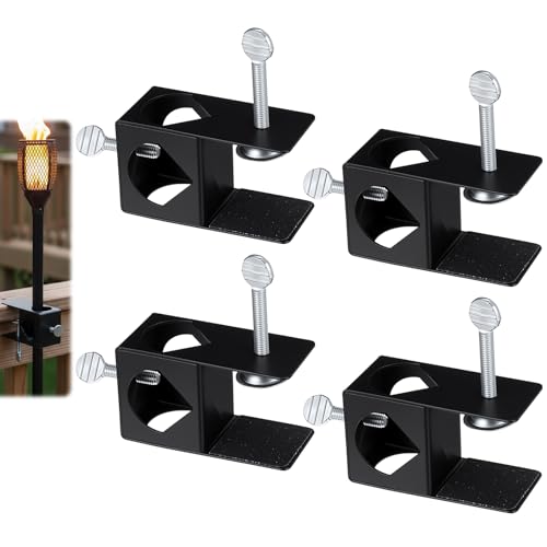 Set of 4 Deck Torch Clamp Outdoor Universal Tiki Torches Bracket Stands Deck Railing Pole Clamps Metal Adjustable Torchs Holder Compatible with Mounting Bracket Poles on Porch Table Bannisteror Fence