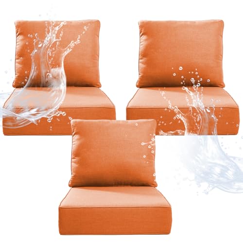 Artfurniz 6" Thicker Outdoor Chair Cushion 3 Sets - 24" *24" *6" Waterproof Patio Furniture Cushions with Removable Cover, 28D High Density Sponge Filling Thicken Outdoor Patio Cushions - Orange