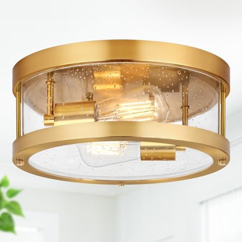 2-Light Gold Close to Ceiling Light Fixture, Farmhouse Light Fixture with Seeded Glass Lampshade, Industrial Flush Mount Ceiling Lighting for Kitchen, Hallway, Foyer, Entryway(Bulb Not Included)