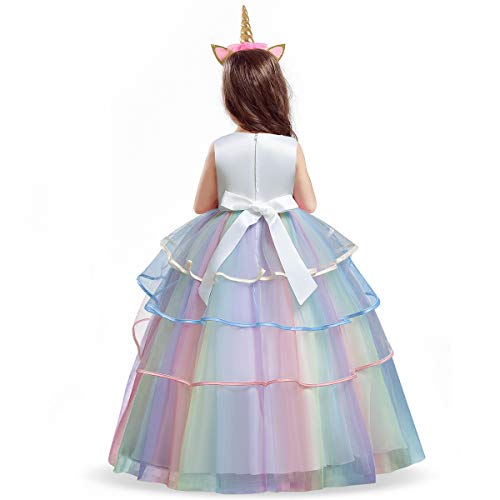 Girl Unicorn Party Princess Dress Rainbow Tulle Long Wedding Gown Birthday Kids Clothes 01 White 8-9 Years #TOP2