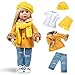 Rakki Dolli Doll Clothes Set 5-PC Fashion Mustard Winter Coat Set Includes Warm Coat, Shirt, Jeans, Yellow Knit Hat & Knit Scarf, Outfits Casual Wear Fits 18 Inch American Girls Dolls 003
