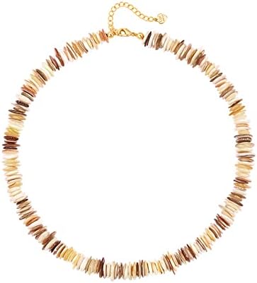 PEARLADA Hawaiian Shell Beaded Beach Necklace, Irregular Seashell Chips Boho Choker, Brown Summer Jewelry for Women