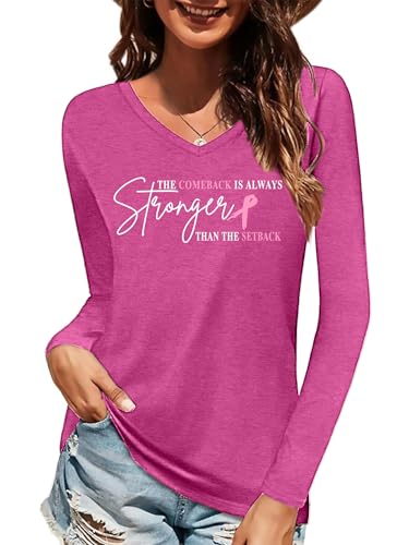 Breast Cancer Shirts for Women Pink Ribbon Long Sleeve Breast Cancer Awareness T-Shirt Cancer Survivor V-Neck Tops2