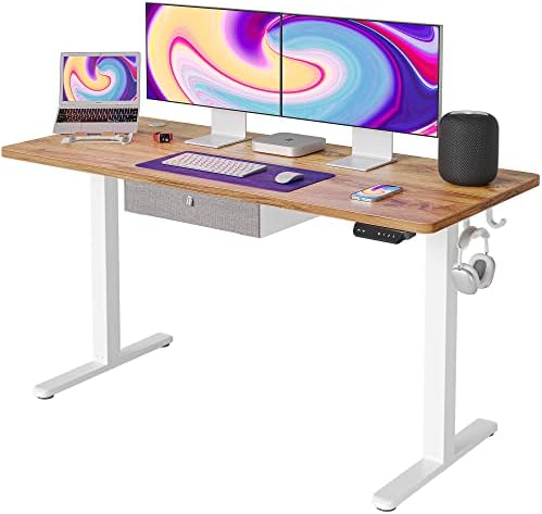 FEZIBO Standing Desk with Drawer, Adjustable Height Electric Stand up Desk, 55 x 24 Inches Sit Stand Home Office Desk, Ergonomic Workstation Grey Steel Frame/Light Rustic Brown Tabletop