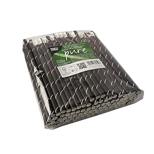 Papstar | 100 Cannucce con Cucchiaini Pure, Materiale Carta, Dimensioni Ø 8 mm · 20 cm, Colore Nero/Bianco, Fantasia Stripes, 100 Cannucce x 8 Confezioni