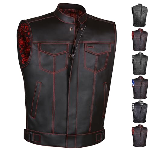 SOA Motorcycle Vest for Men, Premium Buffalo Leather, Back Armor, Inside Pockets, Biker Riding Club Vests Paisley Red L