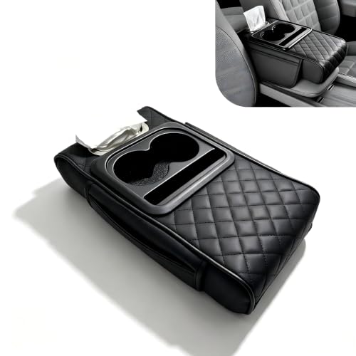 culycey Car Center Console Cover, Upgrade 5-in-1 Genuine Leather Thickened Armrest Box, Armrest Storage Box with Cup, Universal Car Accessories Interior Organizers, for Most Cars (Black)