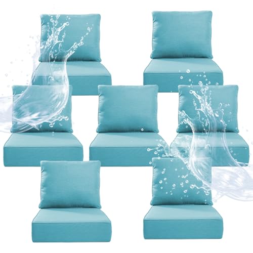 Artfurniz 6" Thicker Outdoor Chair Cushion 7 Sets - 24" *24" *6" Waterproof Patio Furniture Cushions with Removable Cover, 28D High Density Sponge Filling Thicken Outdoor Patio Cushions - Turquoise