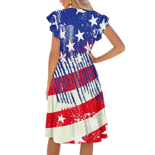Image of Womens Summer Dress Ruffle Sleeve V Neck Dress Casual Fit Flowy Beach Vacation Sundress with Pocket S-2XL