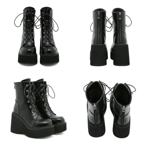 Image of Parisuit Womens Goth Patent Ankle Boots Platform Chunky Combat Boots | Lace Up, Gothic Boots, High Heel, Punk Short Booties, Buckle Boots, Chain Boots