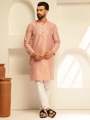 Image of SOJANYA (Since 1958 Men's Silk Blend Long Kurta with Subtle White Detailing | Traditional Ethnic Wear for Navratri