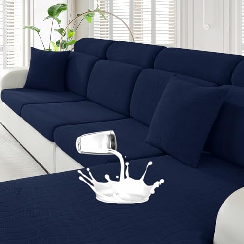 MAXIJIN Waterproof Couch Cushion Covers Stretch Sofa Seat Slipcovers Washable，Sectional Outdoor Cushion Covers with Elastic Bottom for Dogs Pets Kids (3 Pc Cushion Cover, Navy Blue)