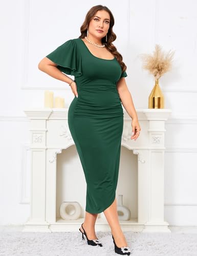 Image of ZOMVA 2024 Plus Size Cocktail Dress Comfortable Bell Sleeves Wedding Guest Square Neck Semi Formal
