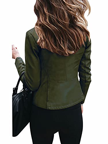 Women's Long Sleeve Zipper Closure Moto Biker Faux Leather Jacket Pu Slim Short Coat Xl Army Green #TOP1