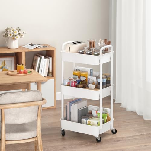 Sywhitta 3 Layer Plastic Utility Cart with Handle, Multifunctional Storage Cart for Office, Living Room, Kitchen, Mobile Storage Organizer with Wheels, White by Sywhitta - Image 3