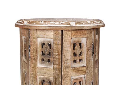 Solid Wood Hand Carved Accent Table, Side Table, Entryway Table, Wooden End Table, Living Room Side Table For Magazines, Octagonal Wooden Table - 12 Inch Round Top X 12 Inch High - White Wash #TOP2
