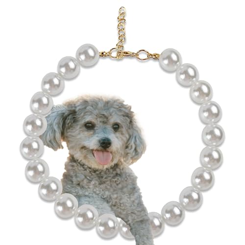 MLUOVI Chunky Pearl Dog Collar(0.55 Inch) for Small Dogs Cats, Adjustable Beaded Dog Collar Imitation White Pearls, Elegant Dog Jewelry Girl Accessories for XS Extra Small Dogs Necklace