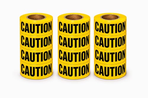 Image of ATERET Premium Yellow Caution Tape 12-Pack 3 inch x 1000 feet, Hazard Safety Tape, Construction Tape for Danger /Hazardous Area, Ideal Use for Halloween Decorations, Party, Work-Site