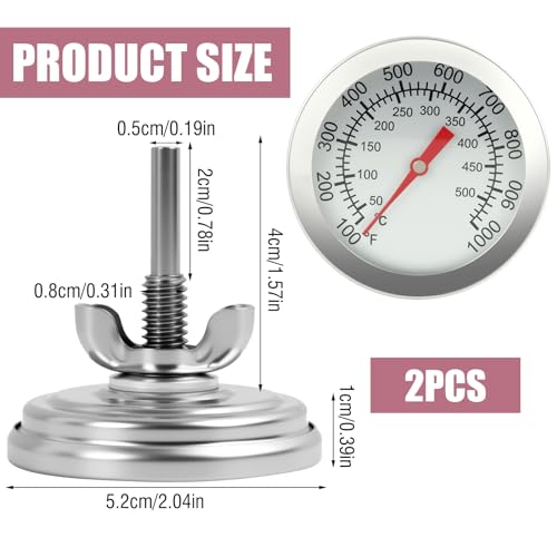 2 PCS Edelstahl BBQ Thermometer für BBQ Smoker, Räucherofen, Pizzaofen und Backofen, mit Doppelskala 50–500 °C / 100–1000 °F, Einbau Edelstahl Ofenthermometer Ø 8 mm für BBQ