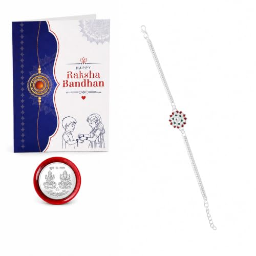 Image of Periapt Rakhi for Brother - Raksha Bandhan Festival Celebration Combo for Bhai with Silver Color OM Design Rakhi, Greeting Card, Silver Color Coin & Roli Chawal Tilak Set - Traditional Festive Pack (K1 1249)