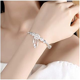 Shop-PEJ Fashion 925 Sterling Silver Dream Catcher Tassel Feather Charm Bracelet Bangle For Women Fashion Elegant Jewelry Accessories for Women/Mum/Wife (Color : 925 Sterling Silver)