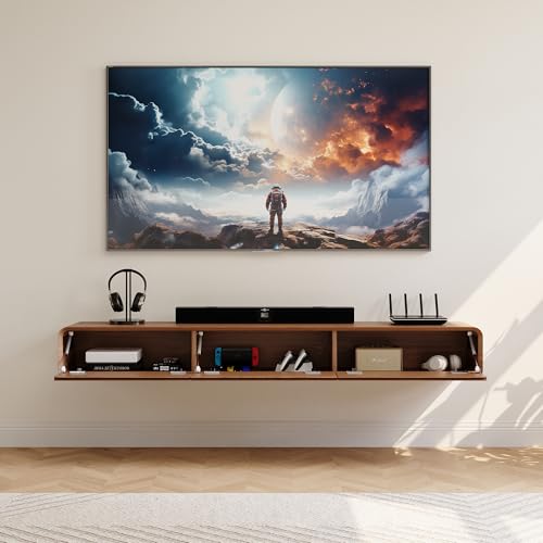 POVISON DONICY Fully-Assembled Minimalist Floating TV Stand, Modern Wall-Mounted Entertainment Center with 3 Flip-Down Cabinet Doors, Solid Wood, Walnut Veneer, 78\" - Thumbnail 2