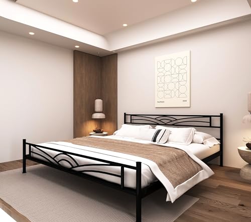 Image of Metal Frame King Size Platform Bed for Bedroom | Heavy Duty Metal Bed for Home | Hotel | Hostel | Black | 82 x 76 x 40 inch