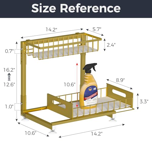 L-Shaped Under Sink Organizer, 2-Tier Pull Out Metal Kitchen Cabinet Organizer with Sliding Storage Drawer, Height Adjustable Heavy Duty Under Bathroom Sink Storage for Cleaning Supplies 1 Pack — view 6