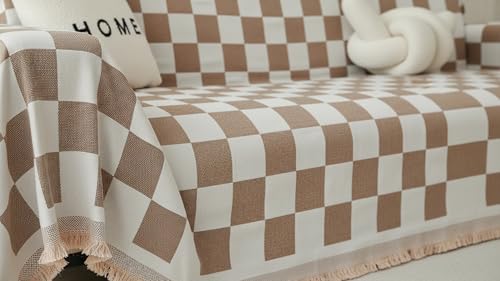 Image of The Furnishing Tree 3 Seater Reversible Chenille Sofa Cover, Double-Sided Luxury Throw, Anti-Slip Couch Cover, Soft & Comfortable Sofa Towel for All Seasons, Checkered Aesthetic