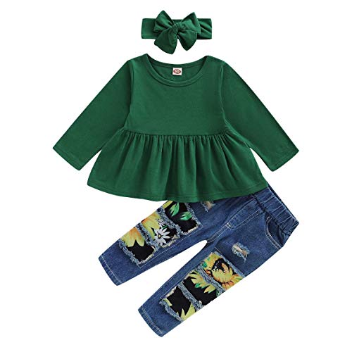 SANMIO Bébé Fille Ensemble de Vêtements 3 Pièces Mode Manches Longues Tops à Volants + Pantalon en Jean Déchiré + Bandeau Enfants Tenues Set Cover
