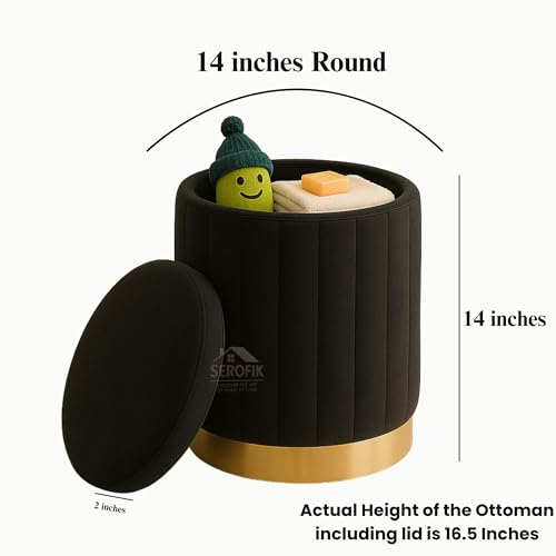 Image of Ottoman Stool with Storage, Round Dutch Velvet Cover Memory Foam Padded 32L Capacity Ottoman Bench Footrest, Pouffe, Office Stool, Makeup Chair, Vanity Chair for Living Room, Bedroom