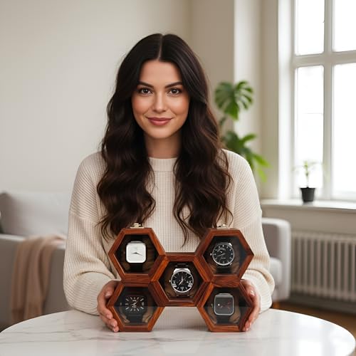 Image of Vintage Wooden Watch Box for Men, Timepiece Display Case, Honeycomb Watch Storage & Organizer, Jewlery Box for Women, Anniversary Gift For Husband (5 Compartments (Butterfly Shape))